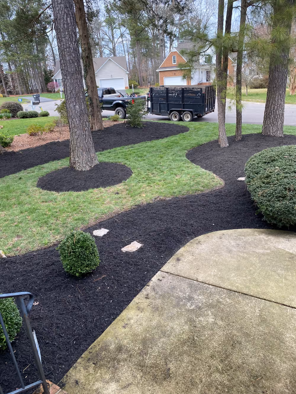 Sweeping dark mulch beds ringing mature trees along a concrete walkway